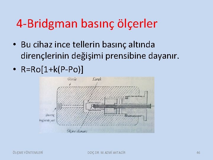 4 -Bridgman basınç ölçerler • Bu cihaz ince tellerin basınç altında dirençlerinin değişimi prensibine