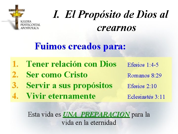 I. El Propósito de Dios al crearnos Fuimos creados para: 1. 2. 3. 4.