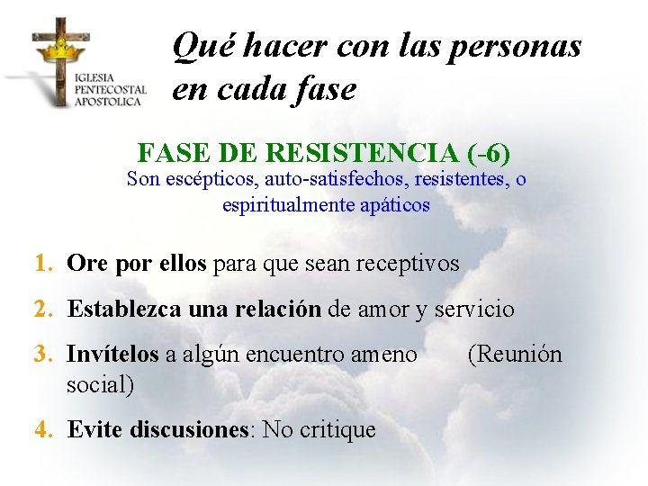 Qué hacer con las personas en cada fase FASE DE RESISTENCIA (-6) Son escépticos,