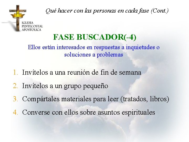 Qué hacer con las personas en cada fase (Cont. ) FASE BUSCADOR(-4) Ellos están