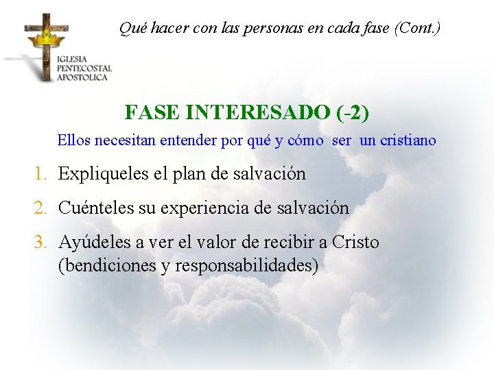 Qué hacer con las personas en cada fase (Cont. ) FASE INTERESADO (-2) Ellos