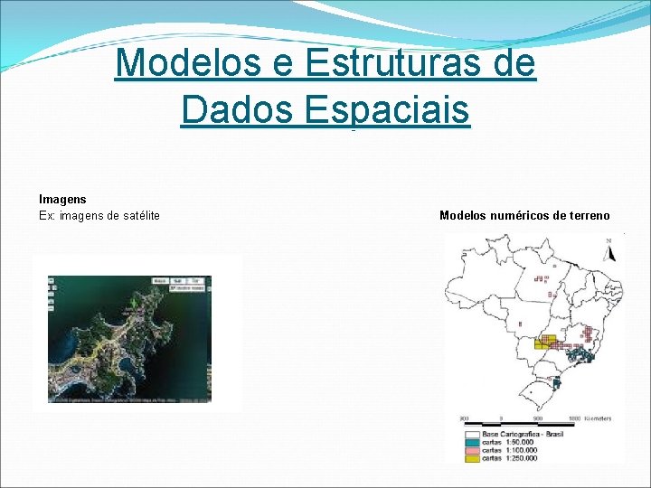 Modelos e Estruturas de Dados Espaciais Imagens Ex: imagens de satélite Modelos numéricos de