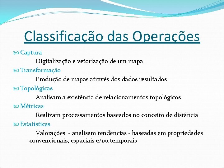 Classificação das Operações Captura Digitalização e vetorização de um mapa Transformação Produção de mapas