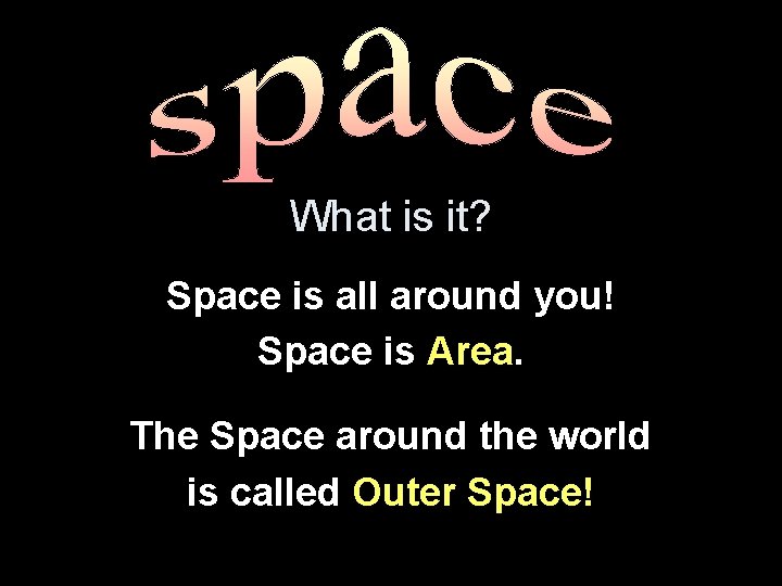 What is it? Space is all around you! Space is Area. The Space around