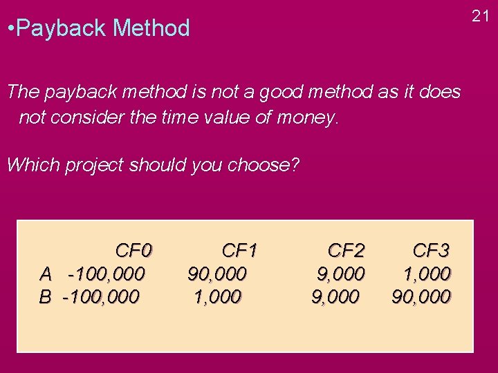 21 • Payback Method The payback method is not a good method as it