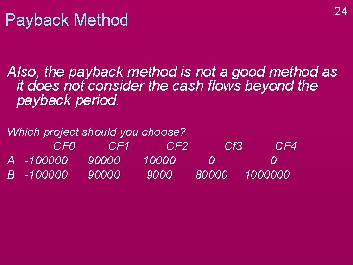 Payback Method 24 Also, the payback method is not a good method as it