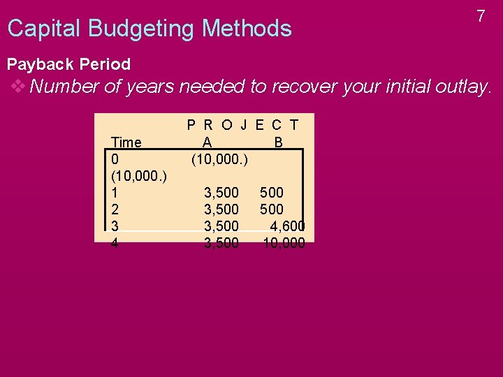 Capital Budgeting Methods 7 Payback Period v Number of years needed to recover your