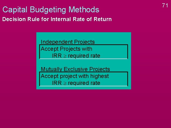 Capital Budgeting Methods Decision Rule for Internal Rate of Return Independent Projects Accept Projects