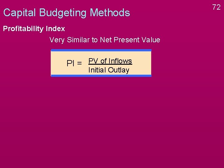 Capital Budgeting Methods Profitability Index Very Similar to Net Present Value PI = PV