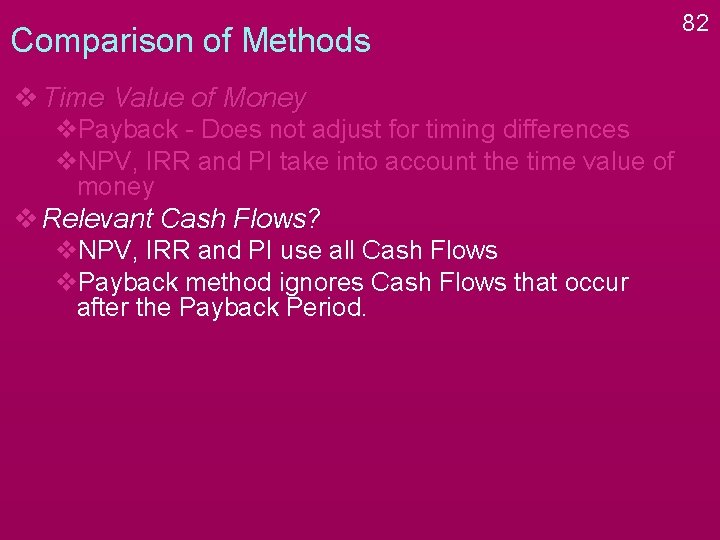 Comparison of Methods v Time Value of Money v. Payback - Does not adjust