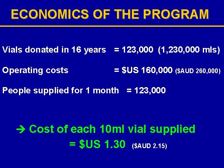 ECONOMICS OF THE PROGRAM Vials donated in 16 years = 123, 000 (1, 230,