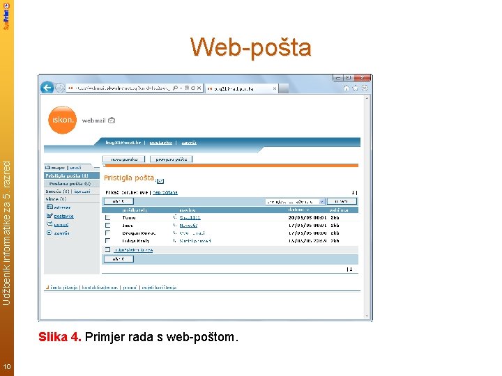 Udžbenik informatike za 5. razred Web-pošta Slika 4. Primjer rada s web-poštom. 10 