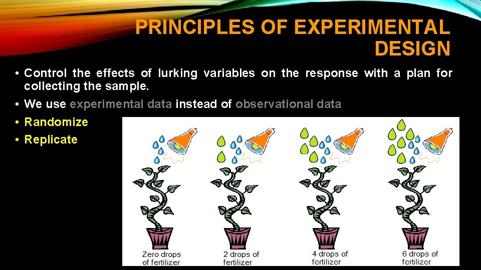 PRINCIPLES OF EXPERIMENTAL DESIGN • Control the effects of lurking variables on the response