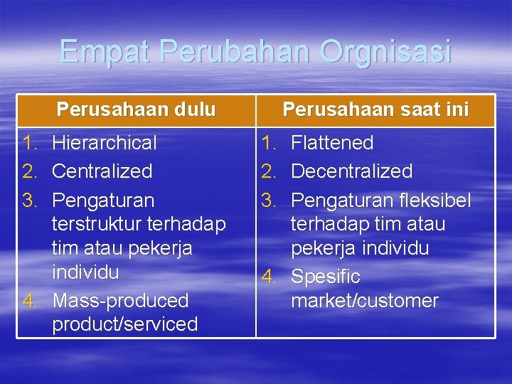 Empat Perubahan Orgnisasi Perusahaan dulu 1. Hierarchical 2. Centralized 3. Pengaturan terstruktur terhadap tim