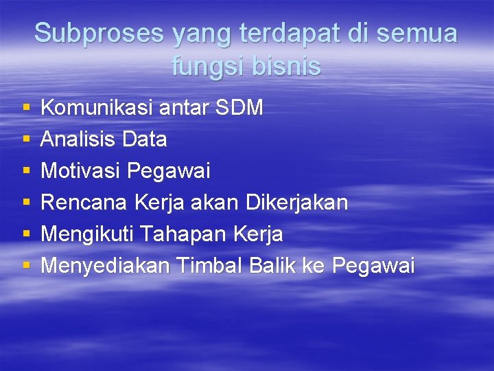 Subproses yang terdapat di semua fungsi bisnis § § § Komunikasi antar SDM Analisis