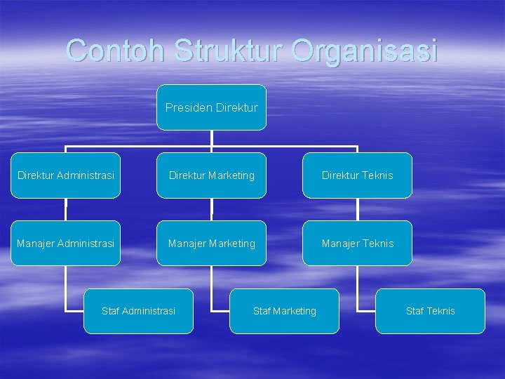 Contoh Struktur Organisasi Presiden Direktur Administrasi Direktur Marketing Direktur Teknis Manajer Administrasi Manajer Marketing