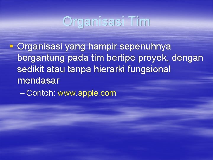 Organisasi Tim § Organisasi yang hampir sepenuhnya bergantung pada tim bertipe proyek, dengan sedikit