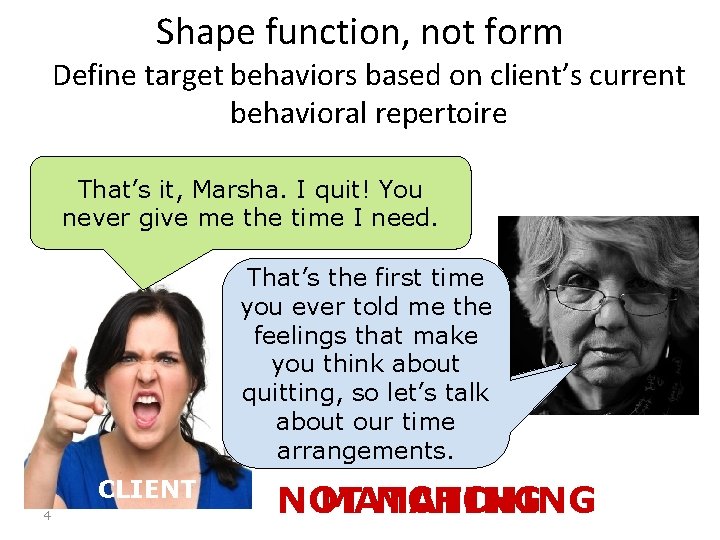 Shape function, not form Define target behaviors based on client’s current behavioral repertoire That’s