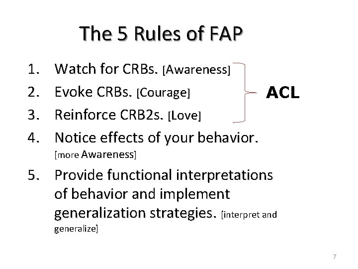 The 5 Rules of FAP 1. 2. 3. 4. Watch for CRBs. [Awareness] Evoke