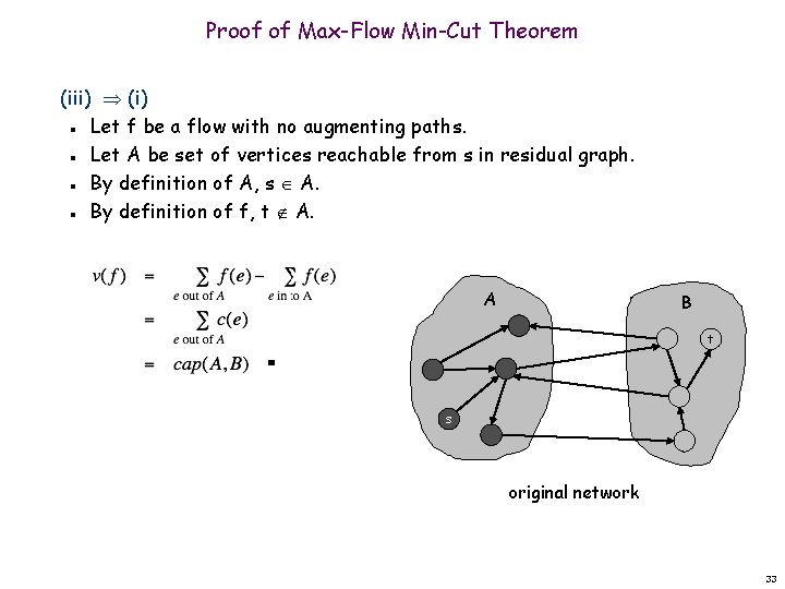 Proof of Max-Flow Min-Cut Theorem (iii) (i) Let f be a flow with no