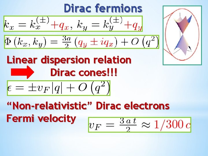Dirac fermions Linear dispersion relation Dirac cones!!! “Non-relativistic” Dirac electrons Fermi velocity 