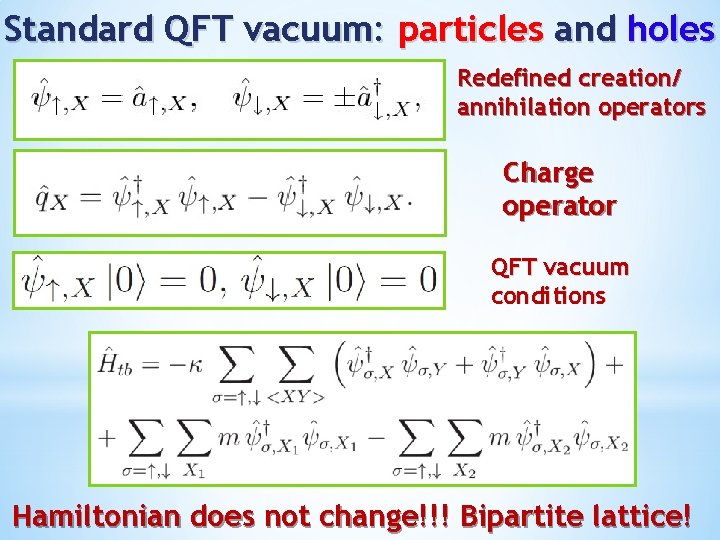 Standard QFT vacuum: particles and holes Redefined creation/ annihilation operators Charge operator QFT vacuum