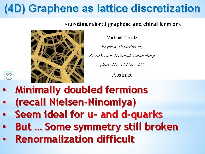 (4 D) Graphene as lattice discretization • • • Minimally doubled fermions (recall Nielsen-Ninomiya)