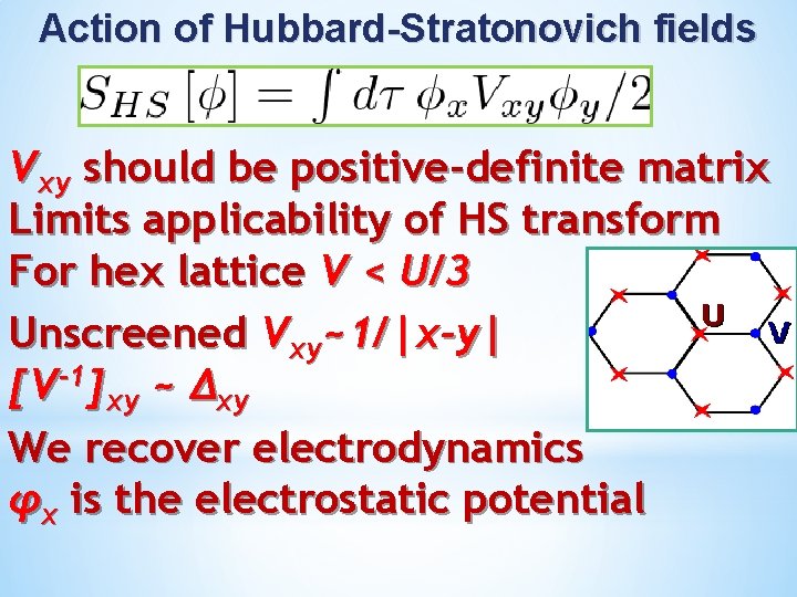 Action of Hubbard-Stratonovich fields Vxy should be positive-definite matrix Limits applicability of HS transform