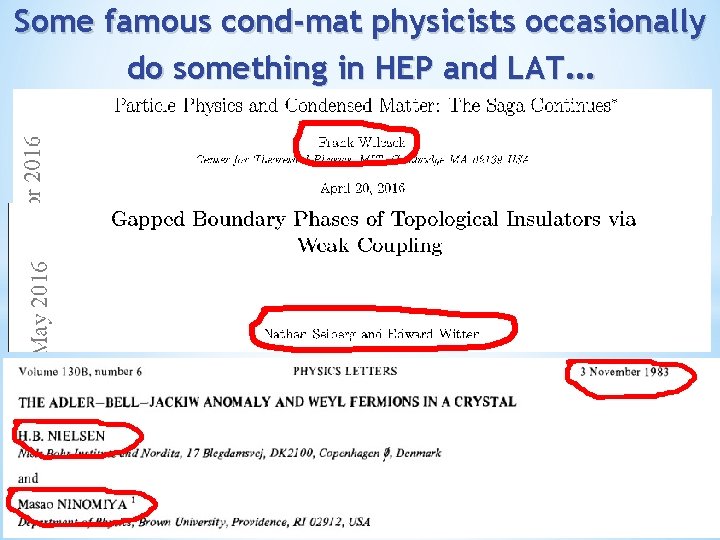 Some famous cond-mat physicists occasionally do something in HEP and LAT… 