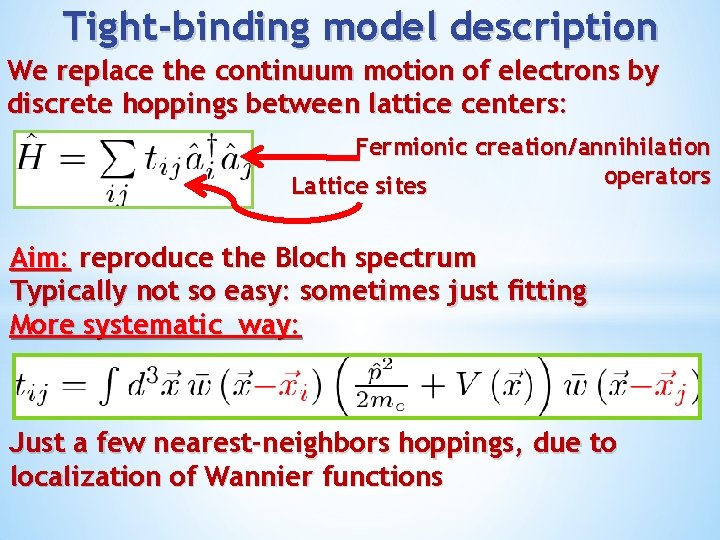 Tight-binding model description We replace the continuum motion of electrons by discrete hoppings between