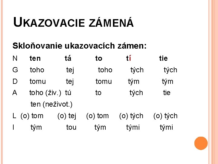 UKAZOVACIE ZÁMENÁ Skloňovanie ukazovacích zámen: N ten tá to tí G toho tej toho