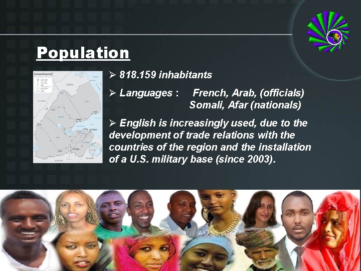 Population Ø 818. 159 inhabitants Ø Languages : French, Arab, (officials) Somali, Afar (nationals)