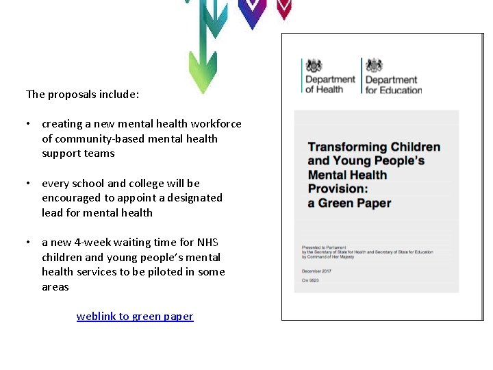 The proposals include: • creating a new mental health workforce of community-based mental health