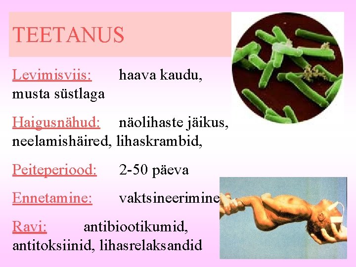 TEETANUS Levimisviis: haava kaudu, musta süstlaga Haigusnähud: näolihaste jäikus, neelamishäired, lihaskrambid, Peiteperiood: 2 -50