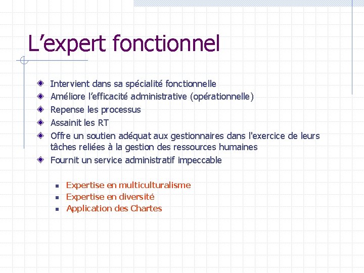 L’expert fonctionnel Intervient dans sa spécialité fonctionnelle Améliore l’efficacité administrative (opérationnelle) Repense les processus