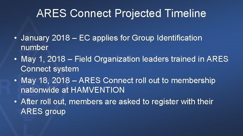 ARES Connect Projected Timeline • January 2018 – EC applies for Group Identification number