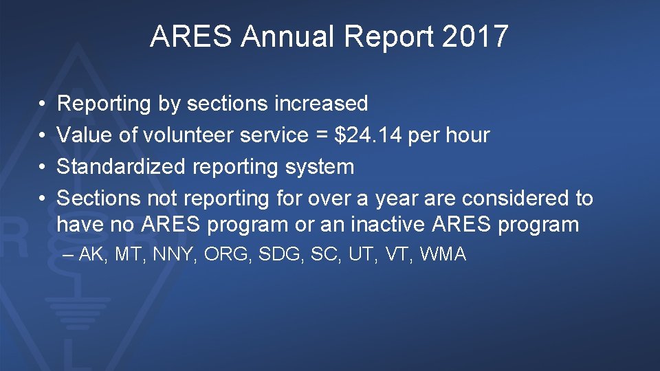 ARES Annual Report 2017 • • Reporting by sections increased Value of volunteer service