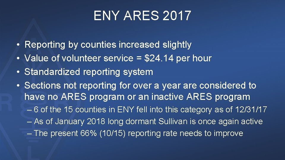 ENY ARES 2017 • • Reporting by counties increased slightly Value of volunteer service