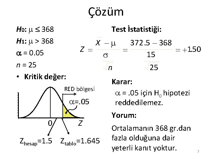 Çözüm H 0: 368 H 1: > 368 = 0. 05 n = 25