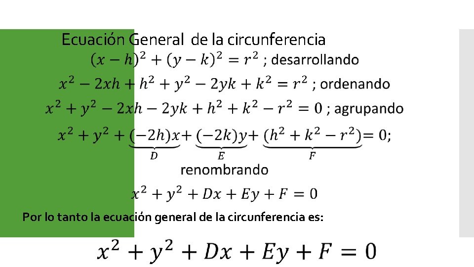  Ecuación General de la circunferencia Por lo tanto la ecuación general de la