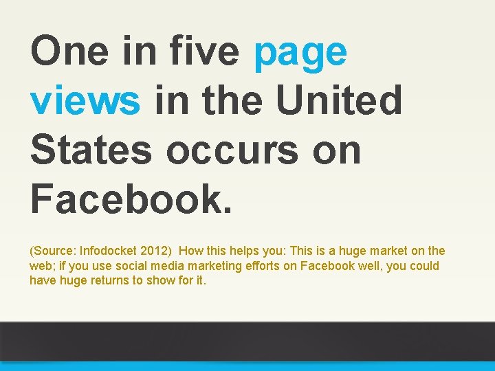 One in five page views in the United States occurs on Facebook. (Source: Infodocket