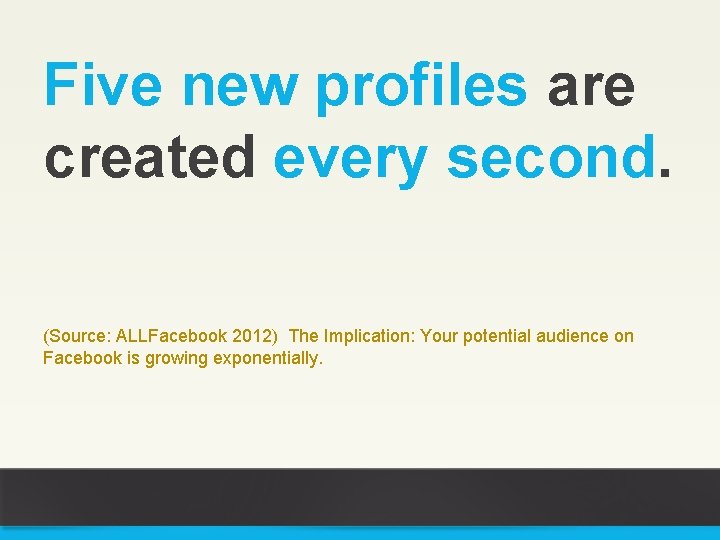 Five new profiles are created every second. (Source: ALLFacebook 2012) The Implication: Your potential
