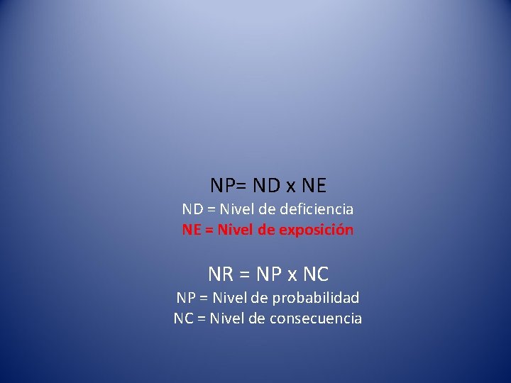 NP= ND x NE ND = Nivel de deficiencia NE = Nivel de exposición