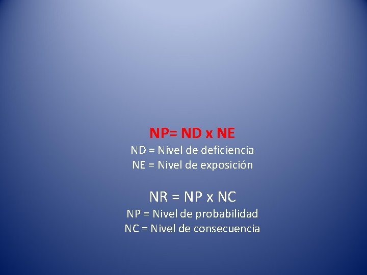 NP= ND x NE ND = Nivel de deficiencia NE = Nivel de exposición