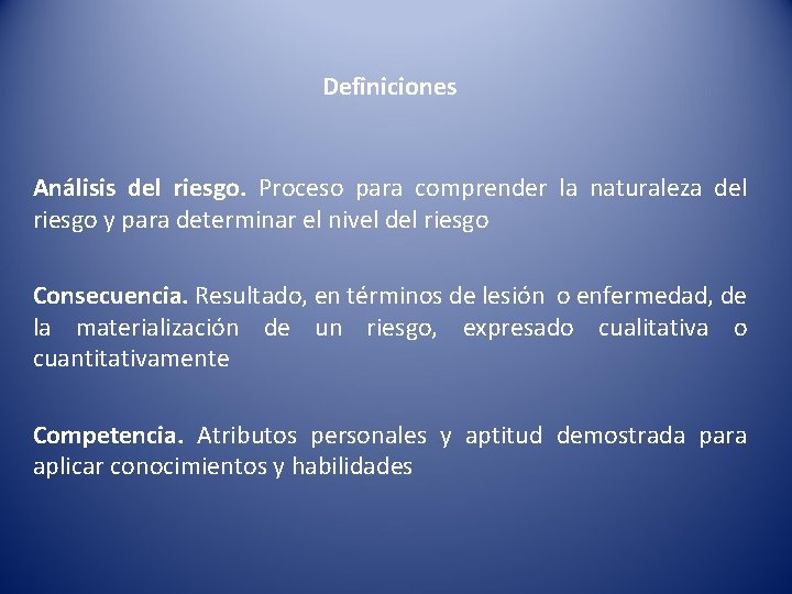 Definiciones Análisis del riesgo. Proceso para comprender la naturaleza del riesgo y para determinar