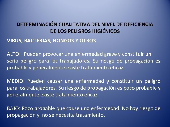 DETERMINACIÓN CUALITATIVA DEL NIVEL DE DEFICIENCIA DE LOS PELIGROS HIGIÉNICOS VIRUS, BACTERIAS, HONGOS Y