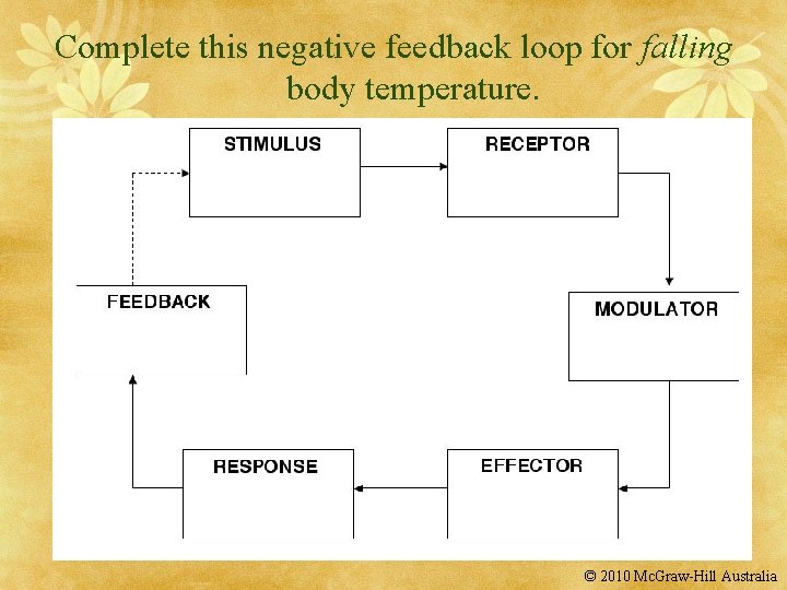 Complete this negative feedback loop for falling body temperature. © 2010 Mc. Graw-Hill Australia