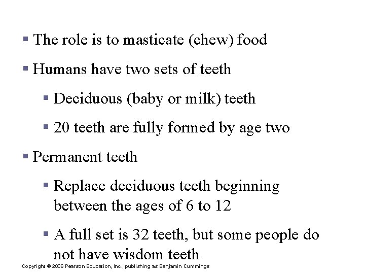 Teeth § The role is to masticate (chew) food § Humans have two sets