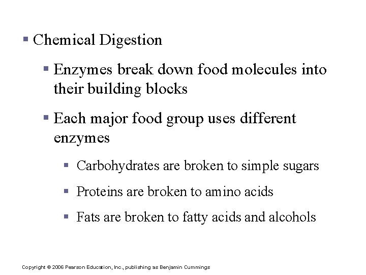 Processes of the Digestive System § Chemical Digestion § Enzymes break down food molecules