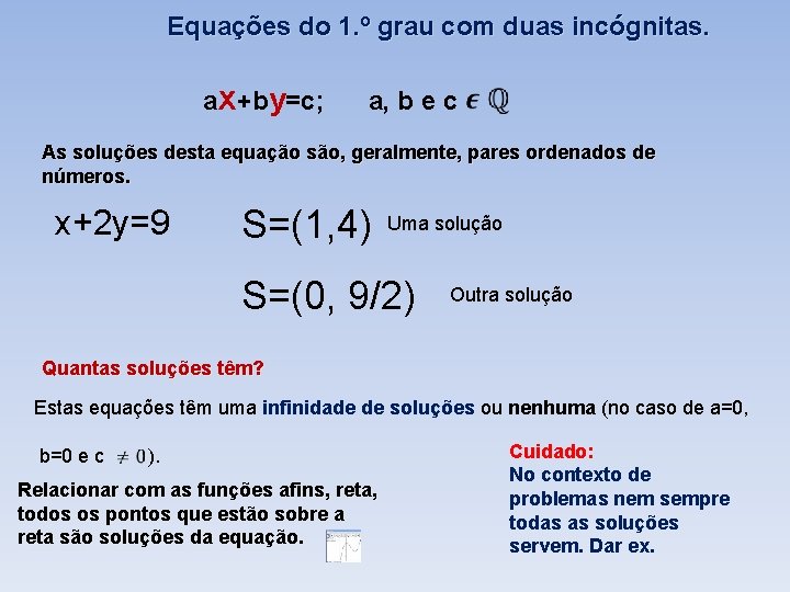 Equações do 1. º grau com duas incógnitas. ax+by=c; a, b e c As